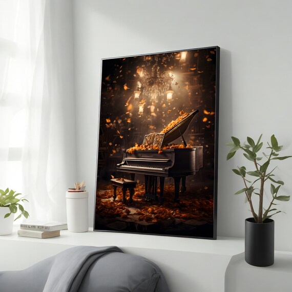 Grand Piano Autumn Leaves Chandelier Dramatic Music Art Print