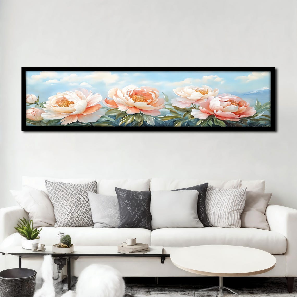 Soft Pink Peonies Under Blue Sky Panoramic Floral Wall Art Poster - Image 3
