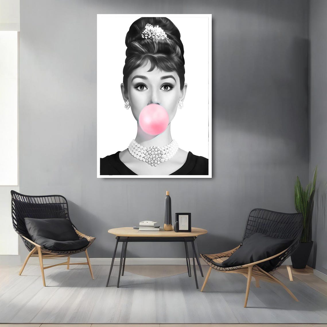 Audrey Hepburn Blowing Pink Bubblegum Pop Portrait Black White Poster - Image 2