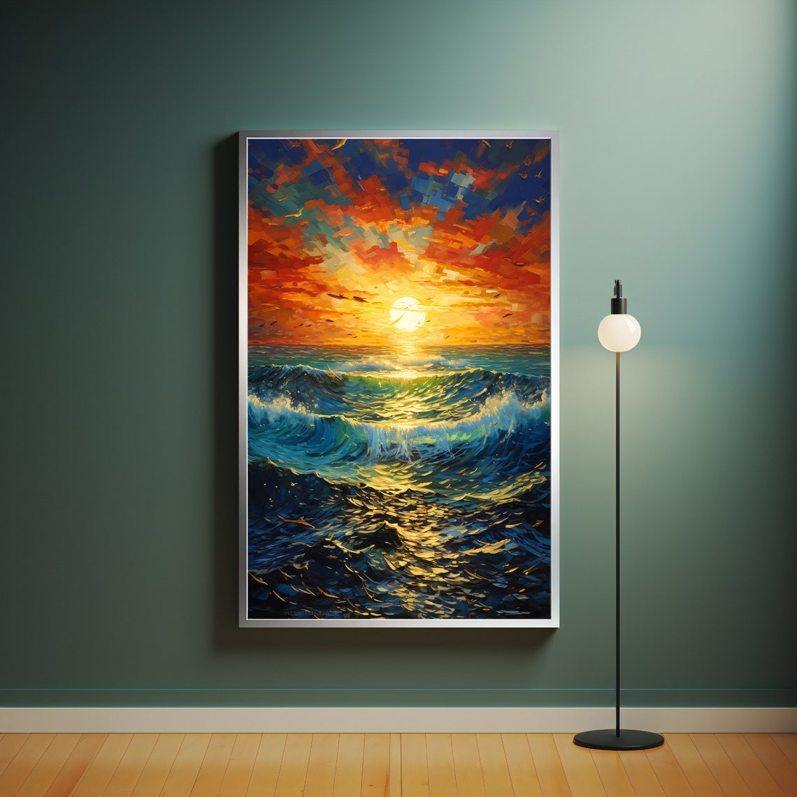 Ocean Sunset Impasto Painting Sun Over Rolling Blue Waves Poster - Image 4