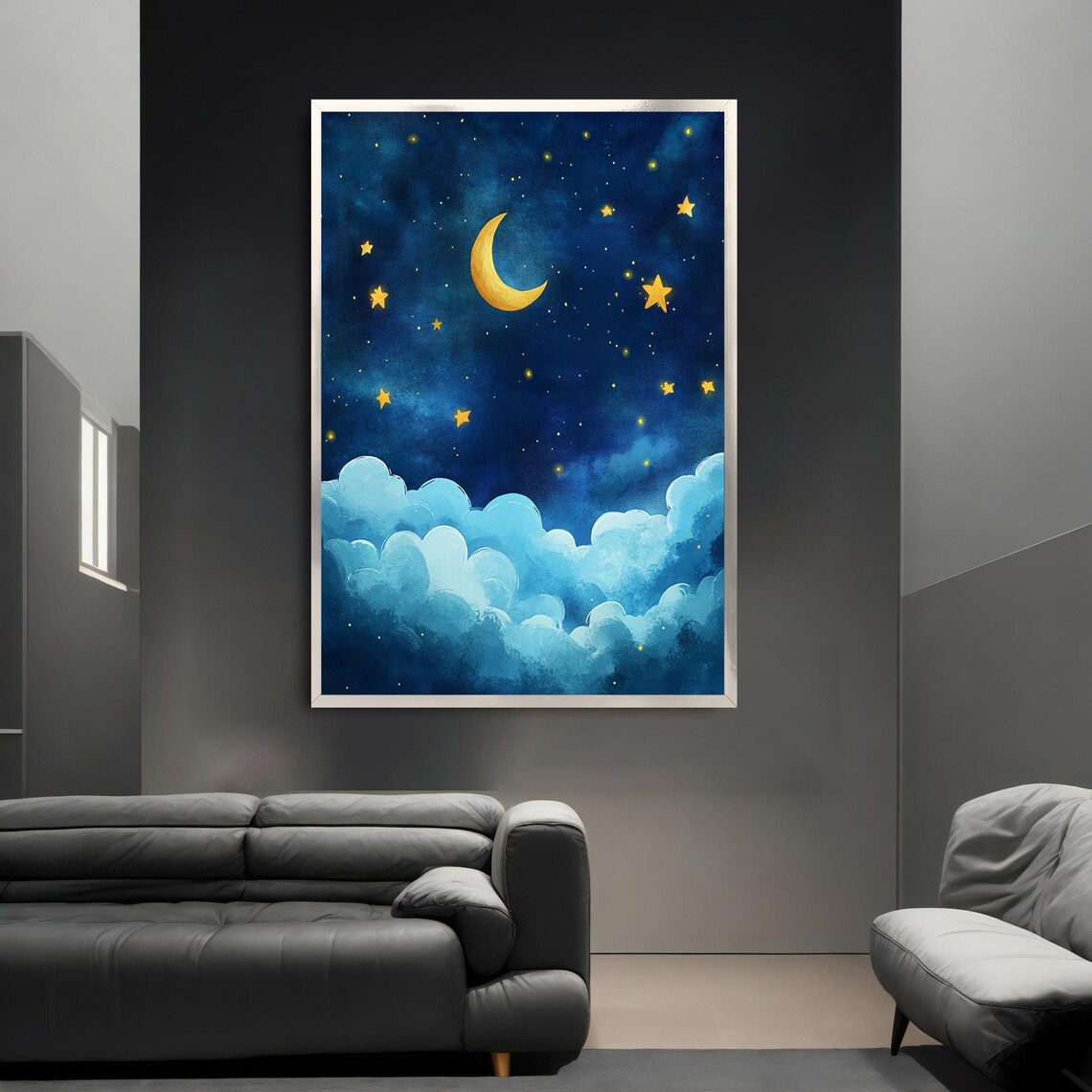 Moon and Stars Night Sky Watercolor Dreamy Blue Clouds Nursery Poster - Image 3