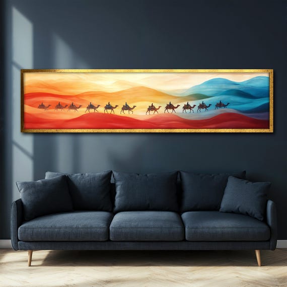 Camel Journey Painting Desert Caravan Wall Art Large Horizontal Decor For Living Room Camel Journey Unique Gift