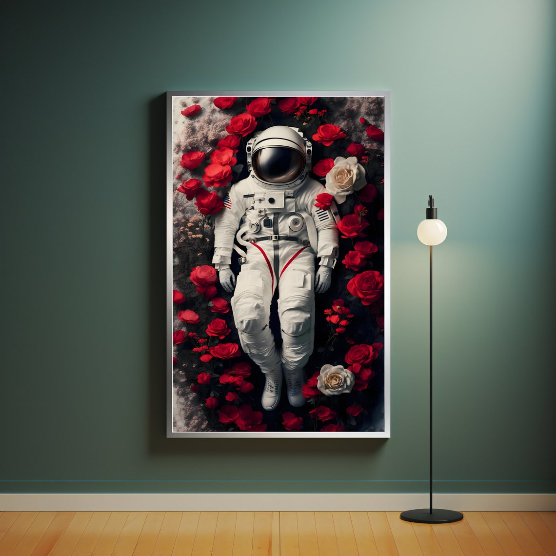 Astronaut Among Red Roses Surreal Space Floral Cosmic Art Poster - Image 4