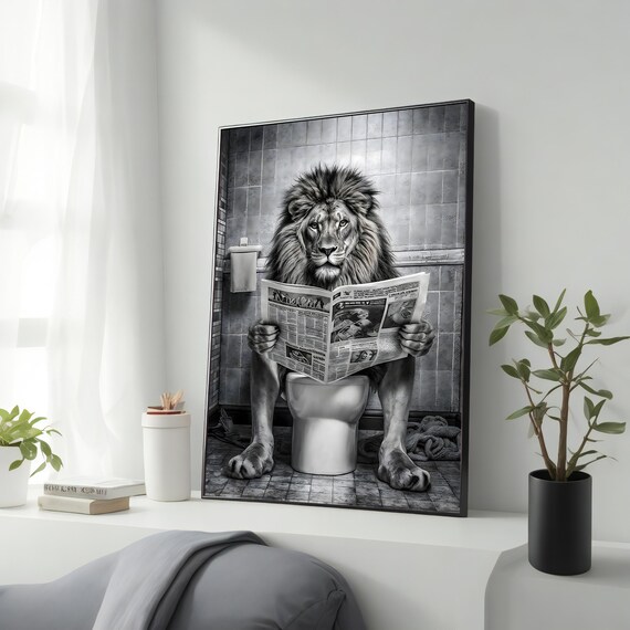 Funny Lion Reading Newspaper On Toilet Black White Bathroom Poster