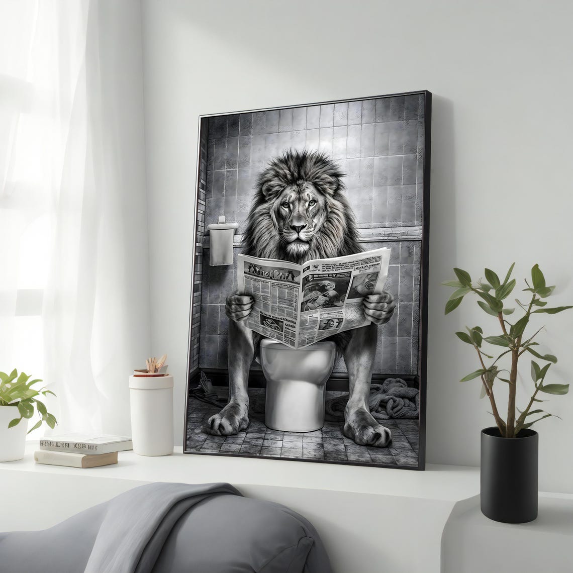 Funny Lion Reading Newspaper On Toilet Black White Bathroom Poster
