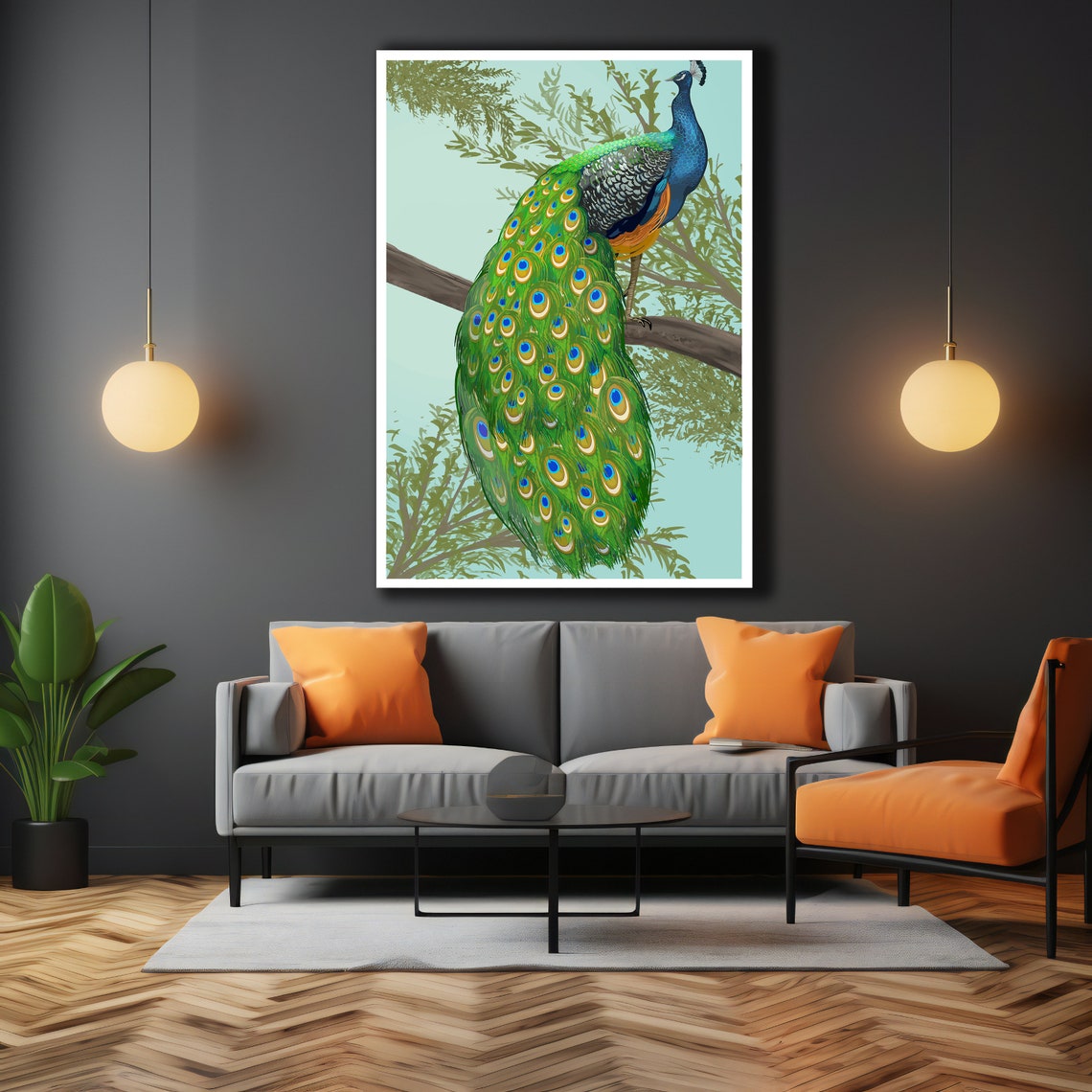 Majestic Peacock Perched on Branch Colorful Bird Illustration Poster - Image 3