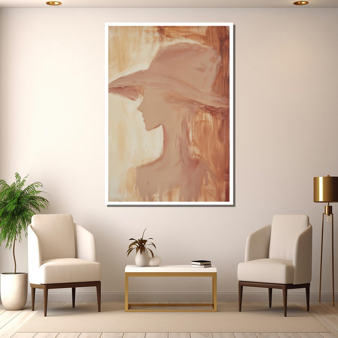 Minimalist Woman Wide Brim Hat Portrait Neutral Beige Tones Art Print - Image 2