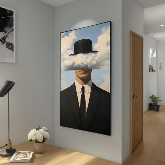 Surreal Magritte Inspired Painting Cloud Covered Face In Suit Wall Decor Ready To Hang Modern Painting Unique Gift