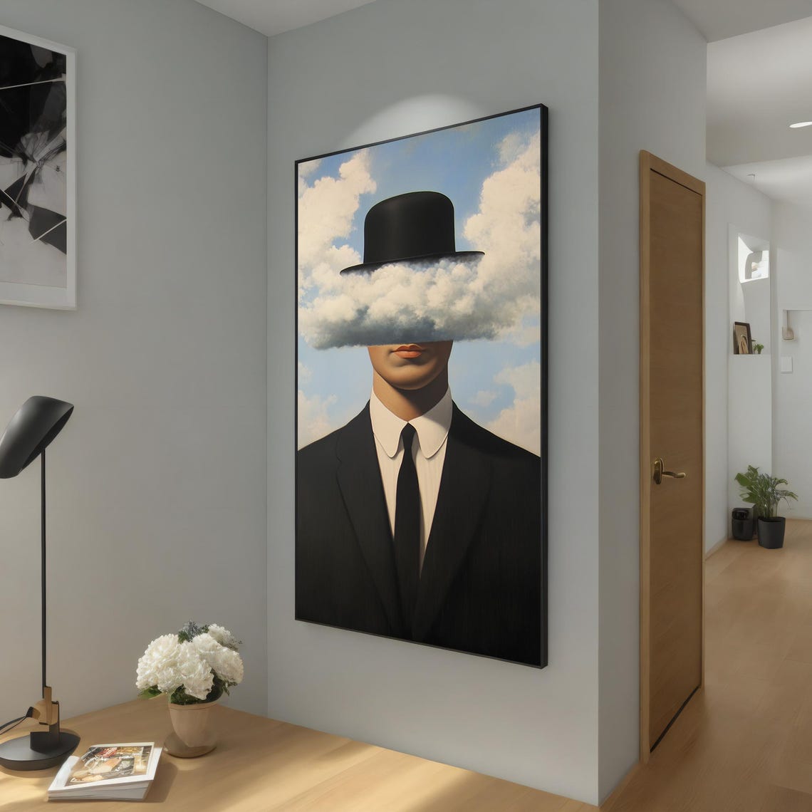 Surreal Magritte Inspired Painting Cloud Covered Face In Suit Wall Decor Ready To Hang Modern Painting Unique Gift