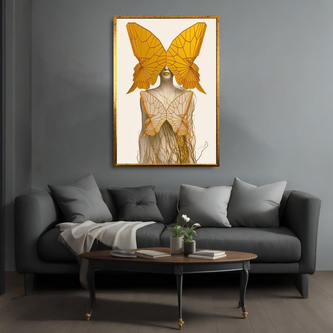 Butterfly Woman Painting Surreal Gold Wings Wall Decor Framed Modern Home Or Office Decor Gift Idea - Image 4