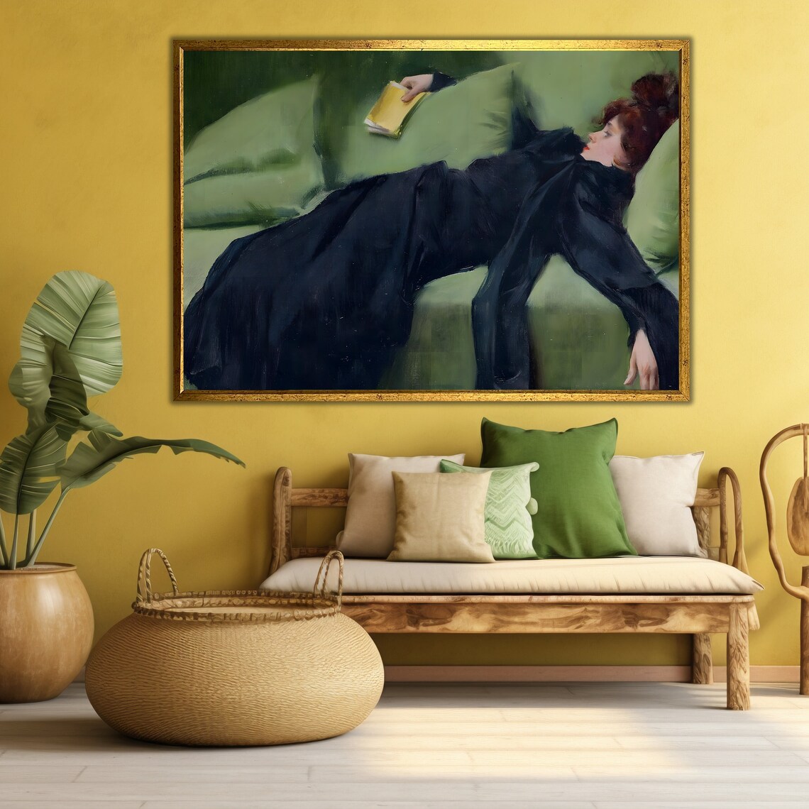 Woman In Dark Dress Reclining On Green Sofa Reading Book Art Print - Image 3