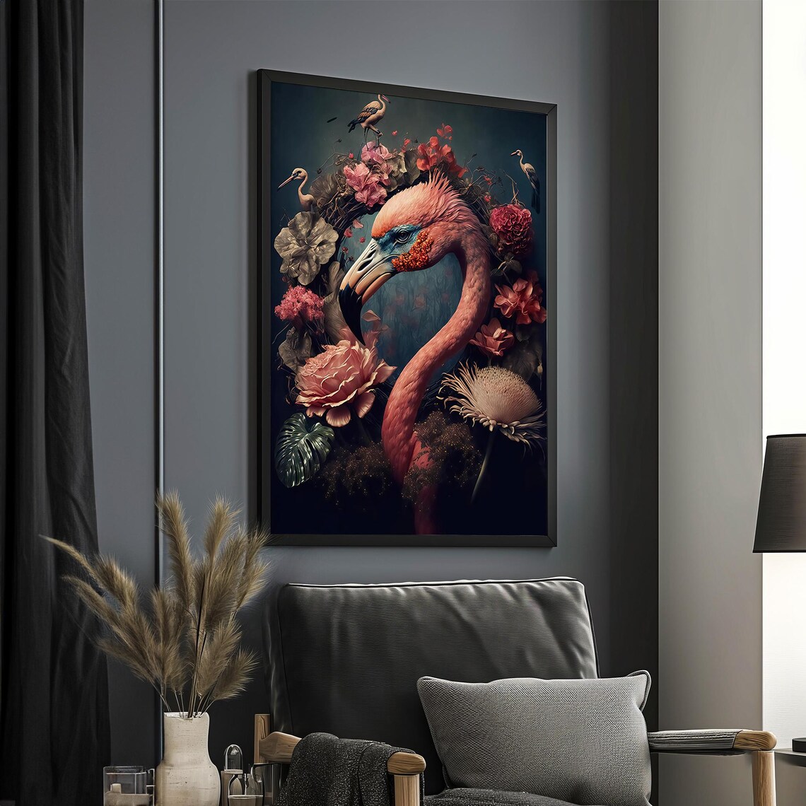 Pink Flamingo Flowers Dark Moody Tropical Floral Bird Art Poster