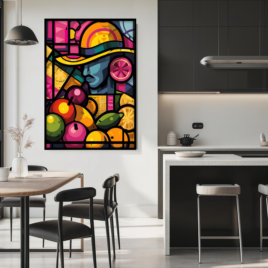 Vibrant Abstract Fruit And Figure Art Colorful Modern Wall Decor Ready To Hang Stained Glass Style Artwork Gift Idea - Image 2