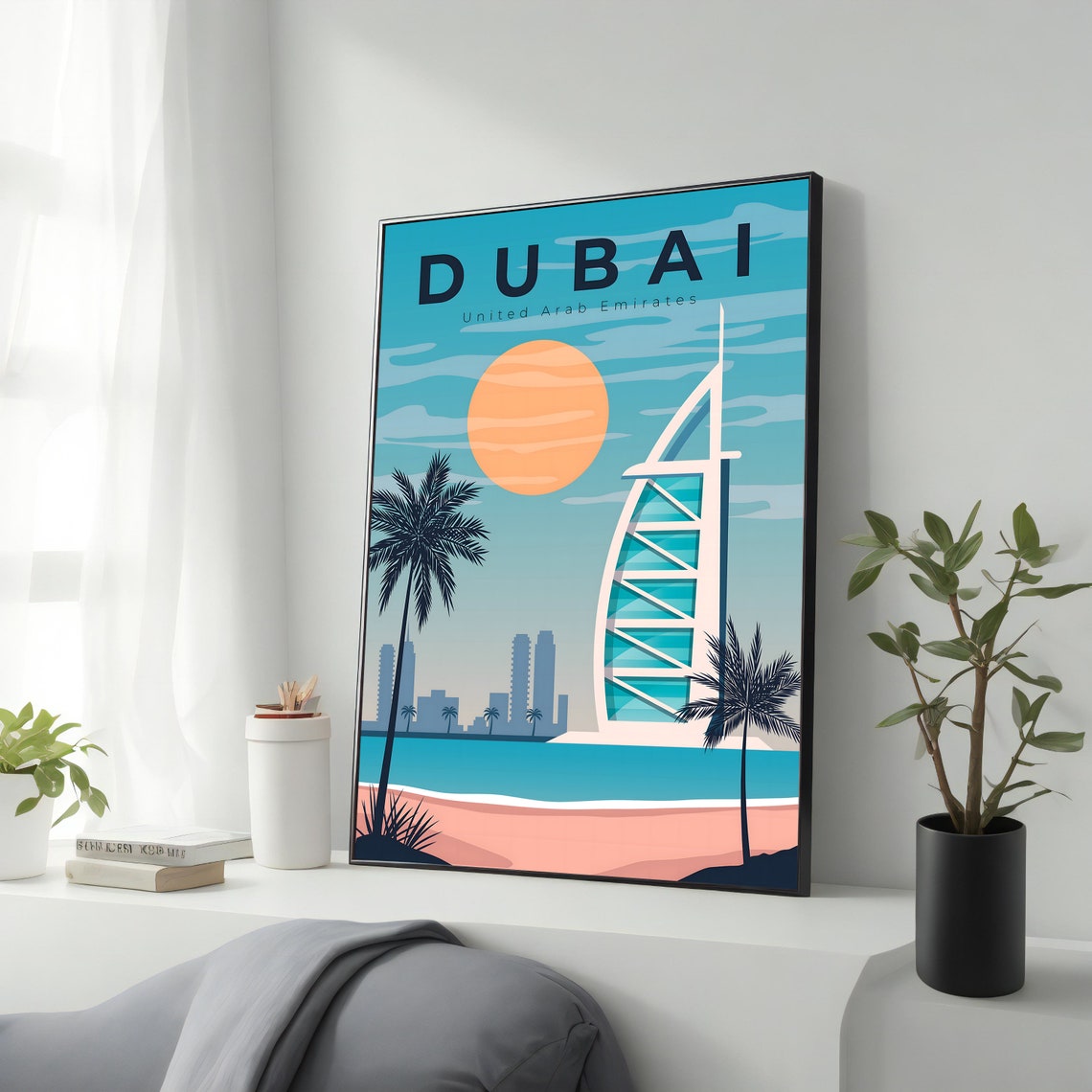 Dubai UAE Burj Al Arab Beach Palm Trees Retro Sunset Travel Poster
