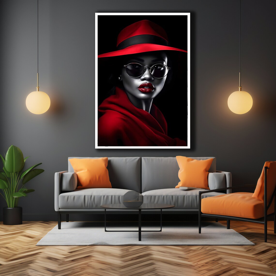 Red Hat Monochrome Woman Round Glasses Red Lips Dramatic Fashion Wall Poster - Image 3