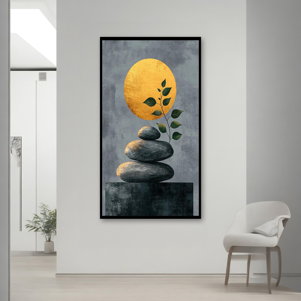 Stacked Zen Stones Gold Sun Circle Leaf Branch Minimalist Modern Nature Poster - Image 2