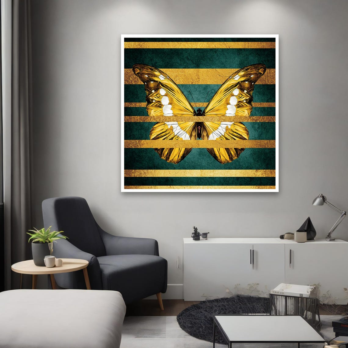 Golden Butterfly Teal Gold Stripes Decorative Insect Art Poster - Image 2