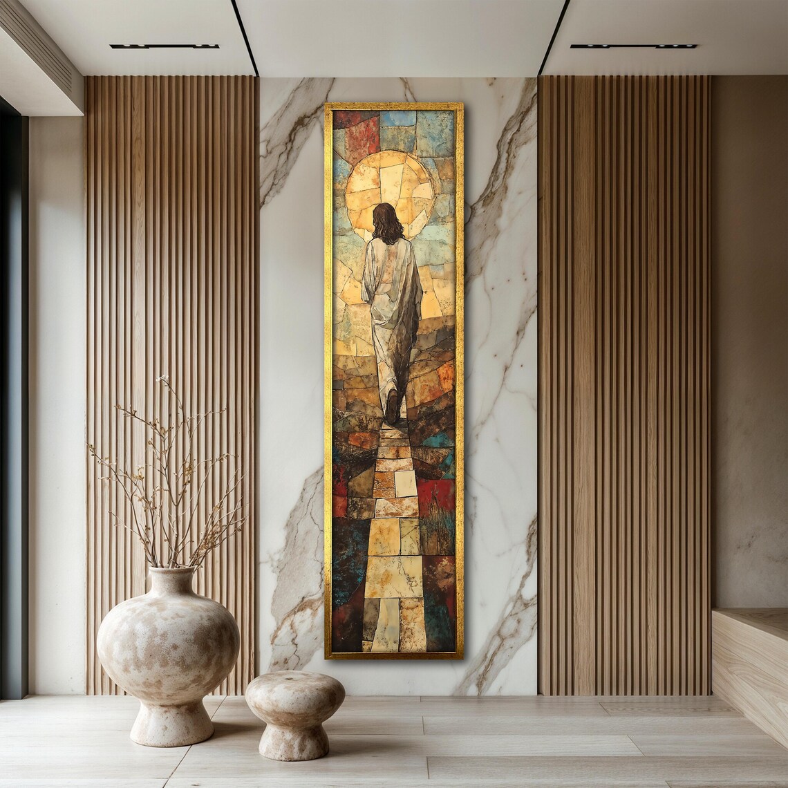 Jesus Walking Toward Golden Sun Stained Glass Mosaic Path Christian Poster