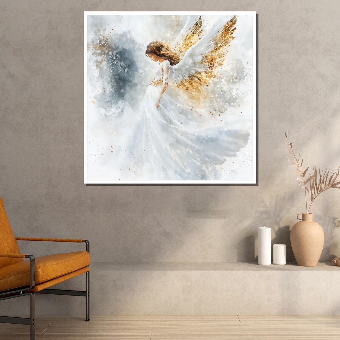 Golden Angel Painting Elegant Guardian Angel Wall Art Spiritual Angelic Decor White Gold Wings Artwork Gift For Home Church - Image 2