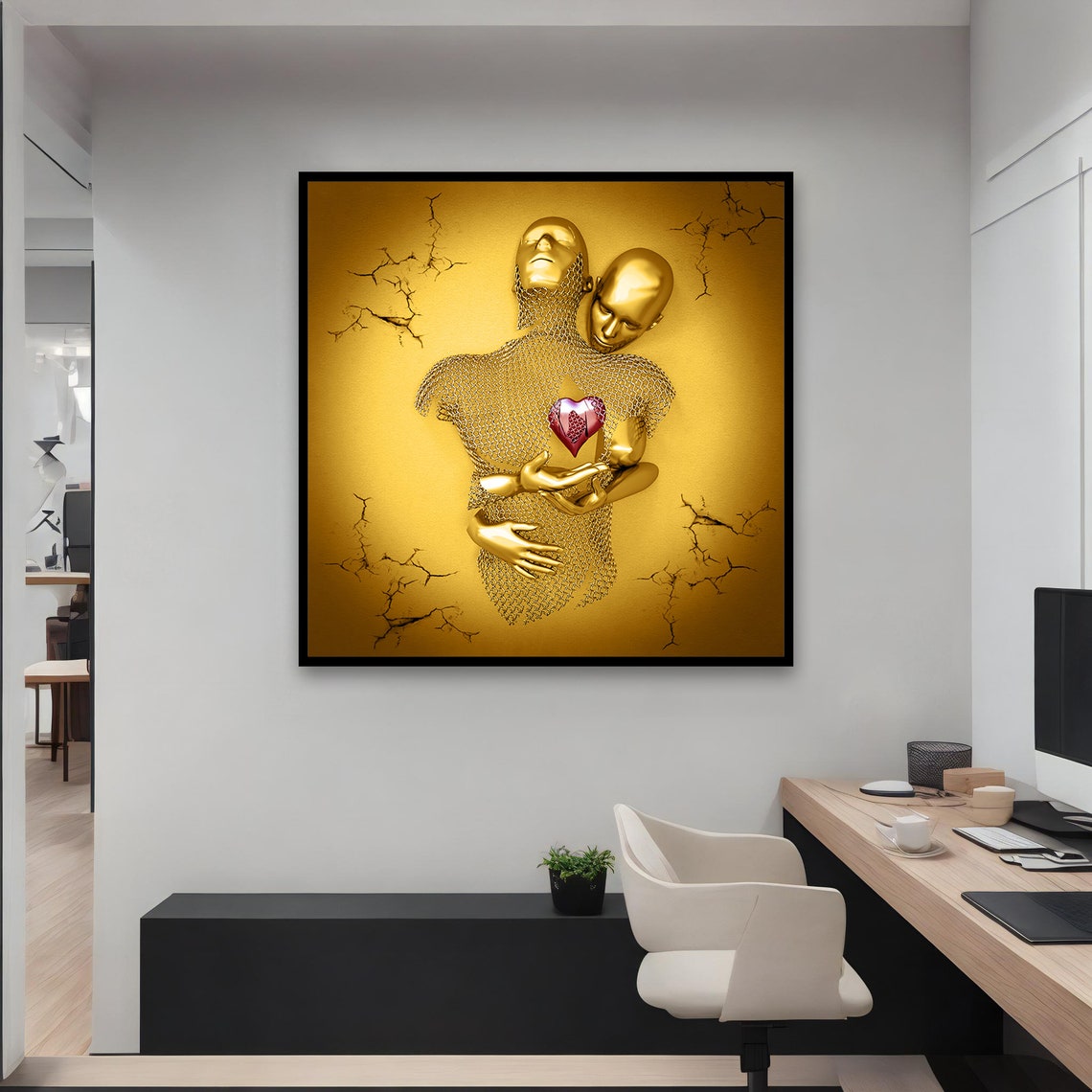 Golden Embrace Metallic Couple Heart Emotional Modern Wall Art - Image 3