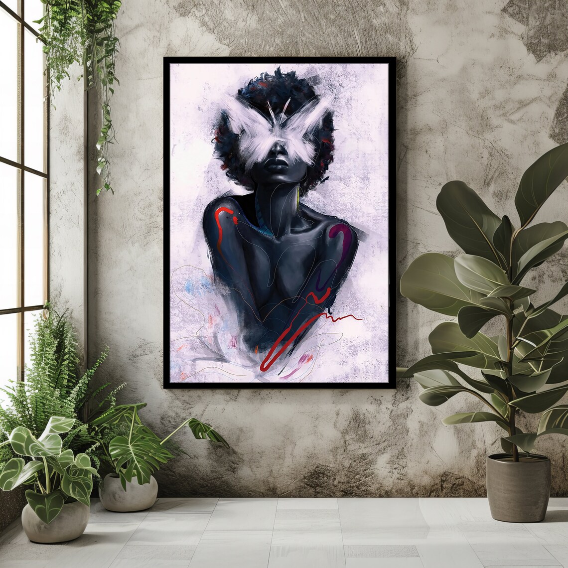 African Woman With Butterfly Wings Abstract Ethnic Portrait Wall Art - Image 2
