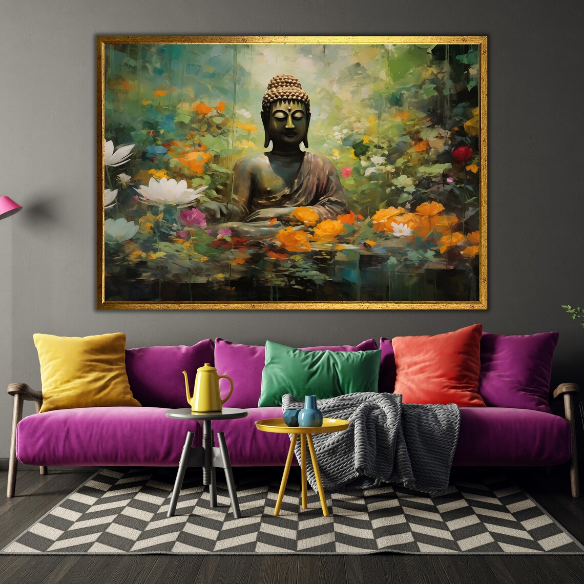Buddha Statue Colorful Flower Garden Zen Meditation Art Poster - Image 3