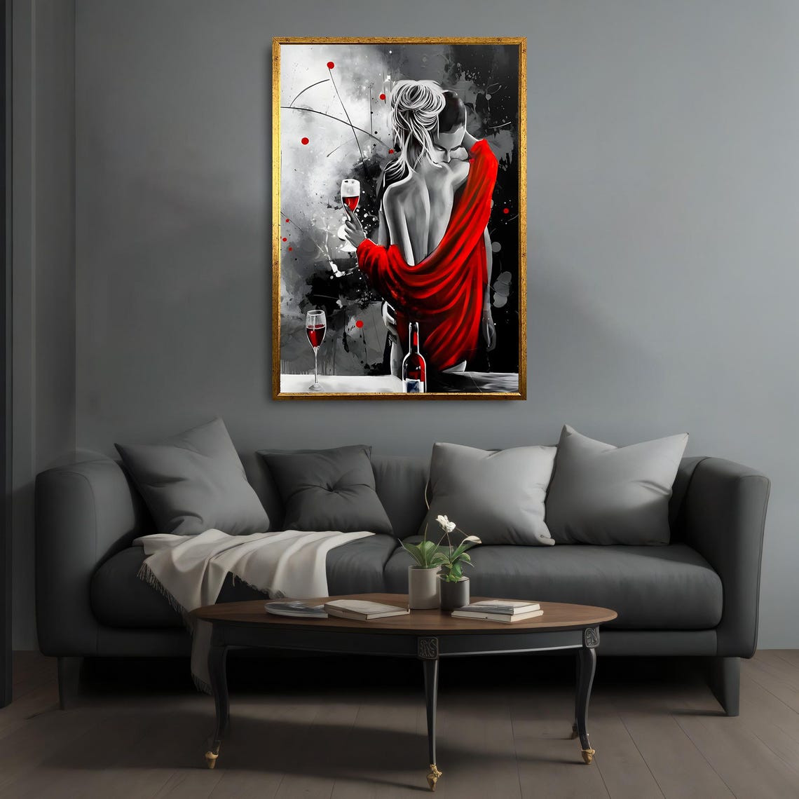 Romantic Wine Couple Red Shawl Black White Embrace Art Poster - Image 4