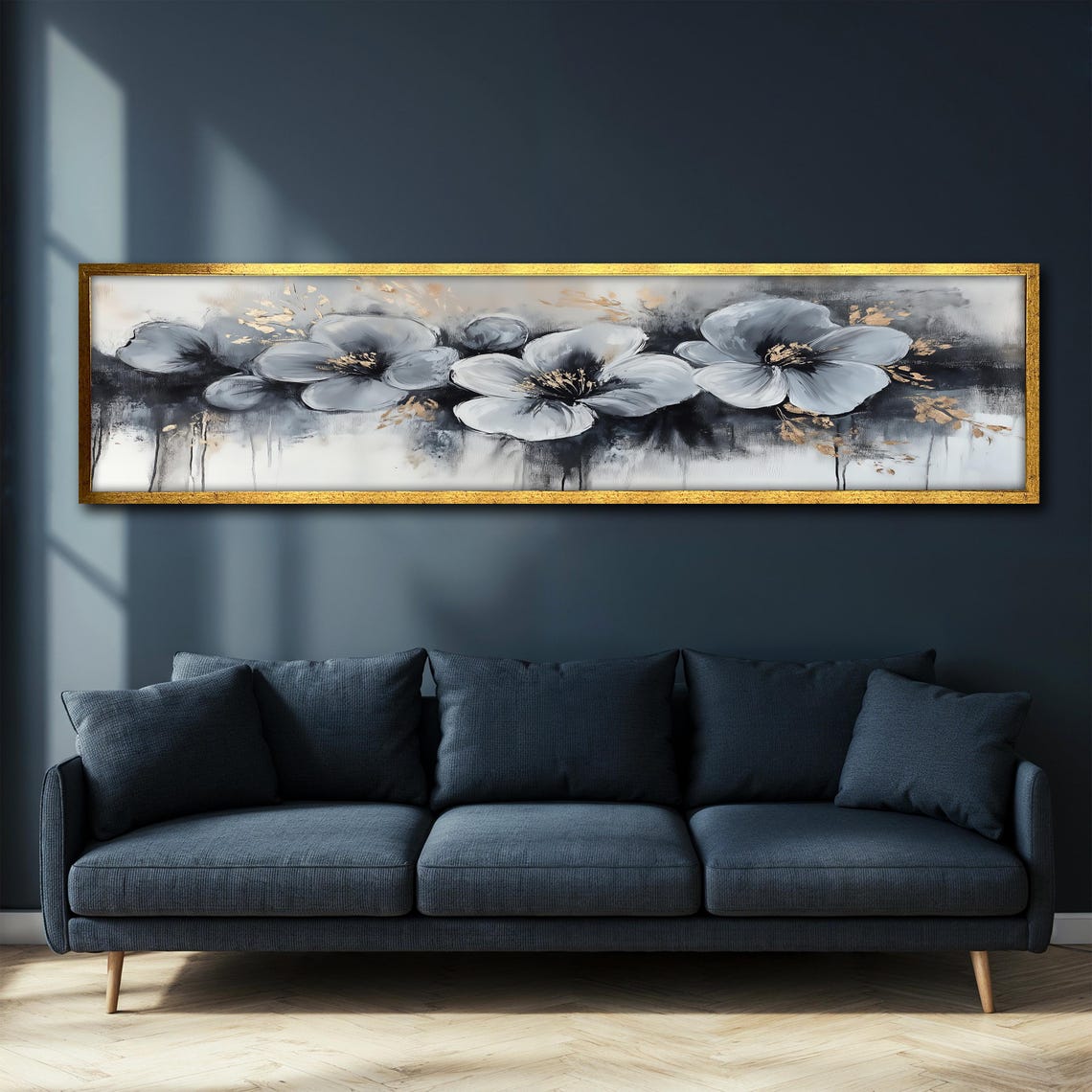 Gray Floral Abstract Blooms Gold Accents Panoramic Wall Art Poster