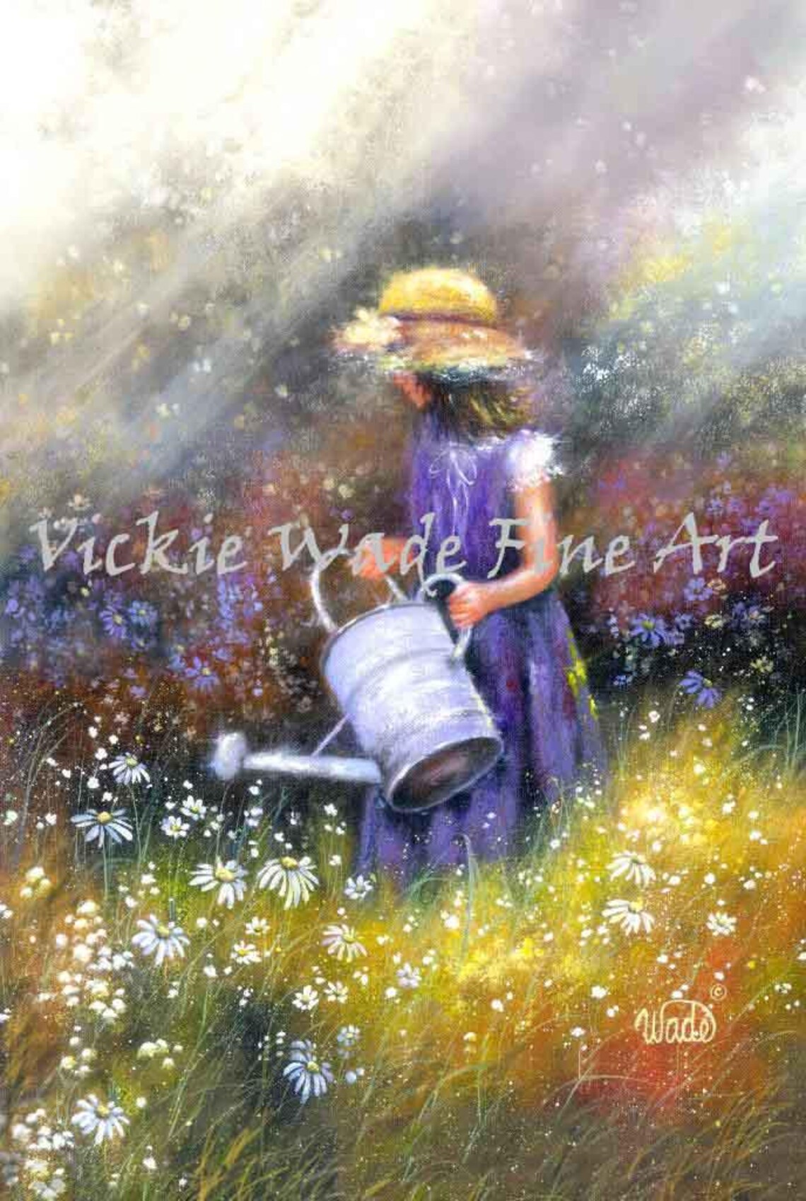 Little Girl Watering Daisies in a Sunlit Flower Garden Poster