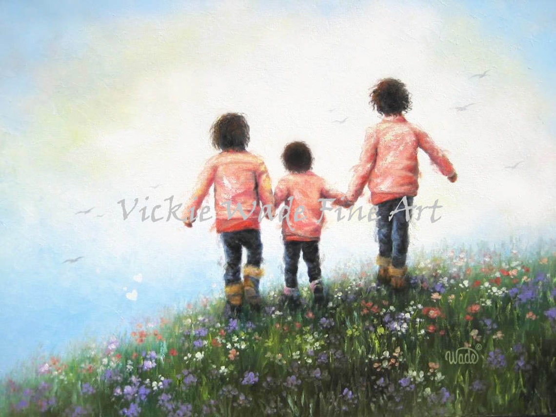 Three Sisters Holding Hands Walking Through a Wildflower Field Poster