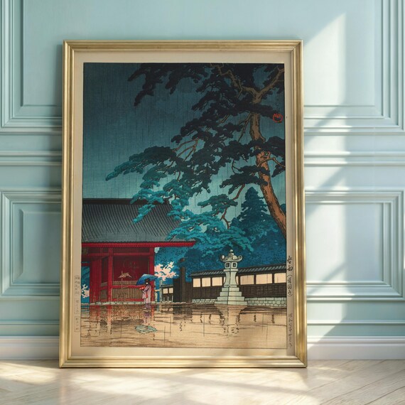 Hasui Kawase Spring Rain Temple Pine Japanese Woodblock Style Art Poster