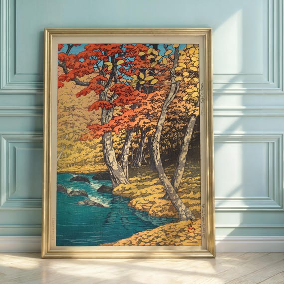 Hasui Kawase Autumn Red Maple River Japanese Woodblock Art Print