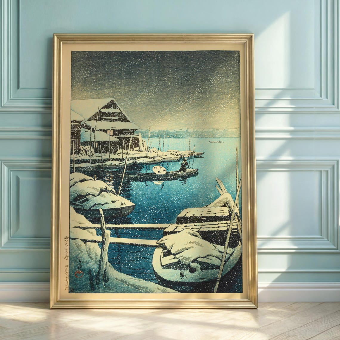 Hasui Kawase Snowy Mukojima Boats Dusk Japanese Winter Art Poster