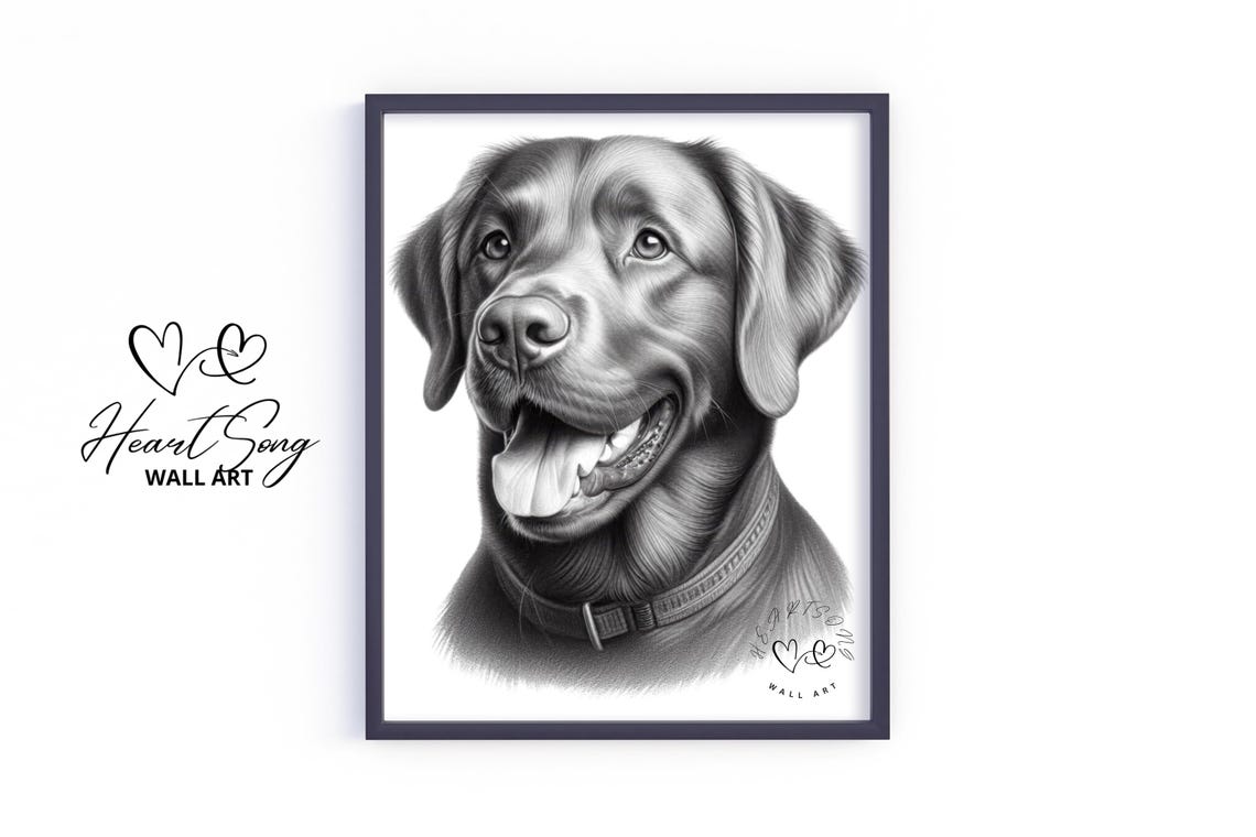 Labrador Retriever Pencil Sketch Happy Dog Portrait Black White Poster