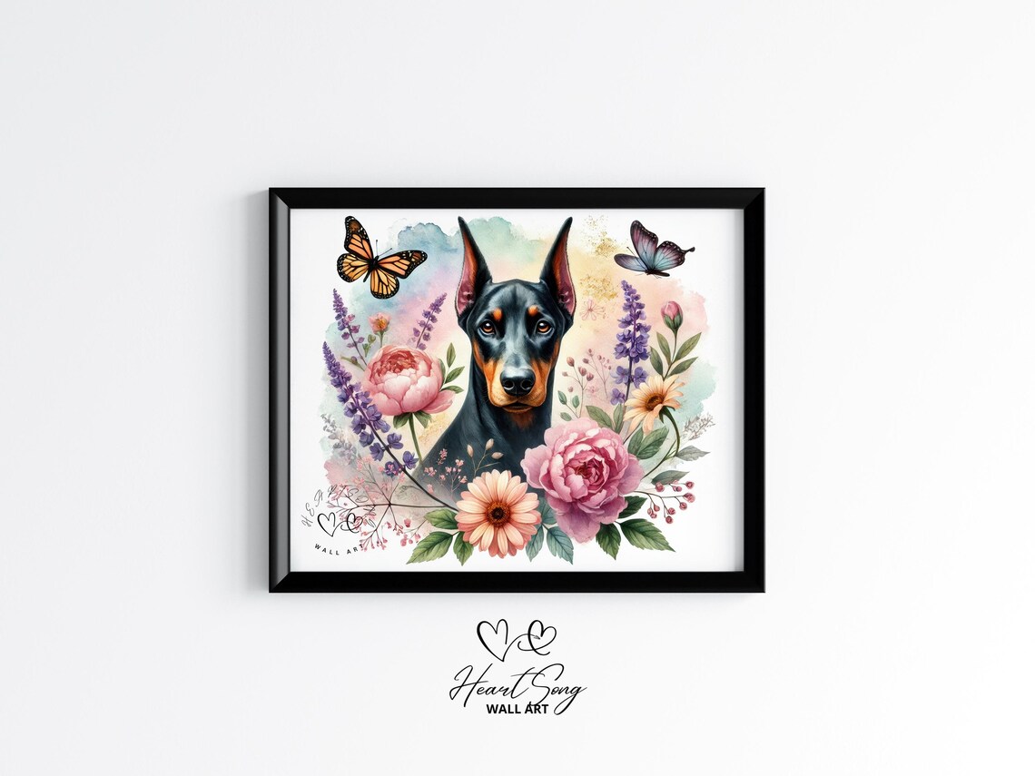 Doberman Pinscher Portrait with Peonies Watercolor Art Poster