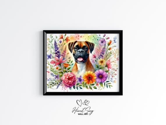 Boxer Dog With Floral Background Bold Colorful Pet Print Moody Botanical Wall Art Unique Summer Painting 62