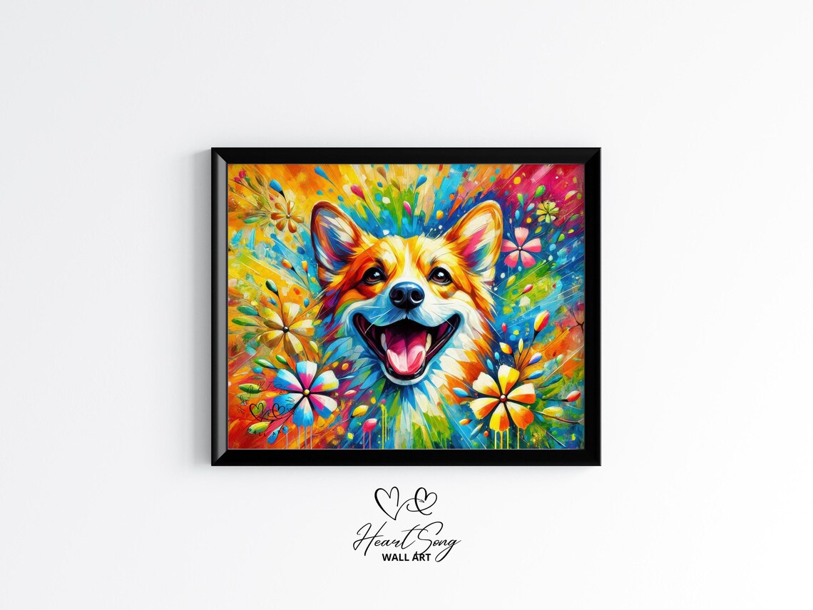 Smiling Corgi Pop Art Dog Portrait with Colorful Flowers Poster