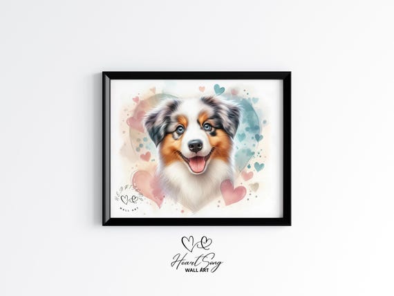 Australian Shepherd Puppy Valentine Art Moody Dog Wall Warm Rustic Decor Earthy Pet Portrait Painting 266