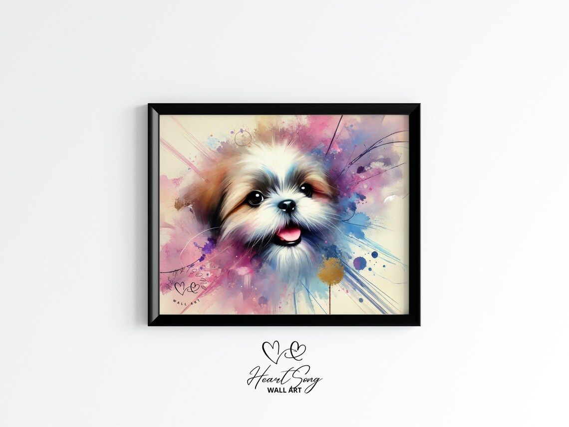Happy Fluffy Puppy Watercolor Splash Cute Dog Portrait Poster