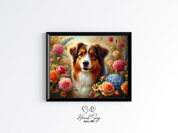 Romantic Australian Shepherd Red Floral Wall Art Vintage Cottage Painting Moody Botanical Winter Decor Cozy Home Print 588