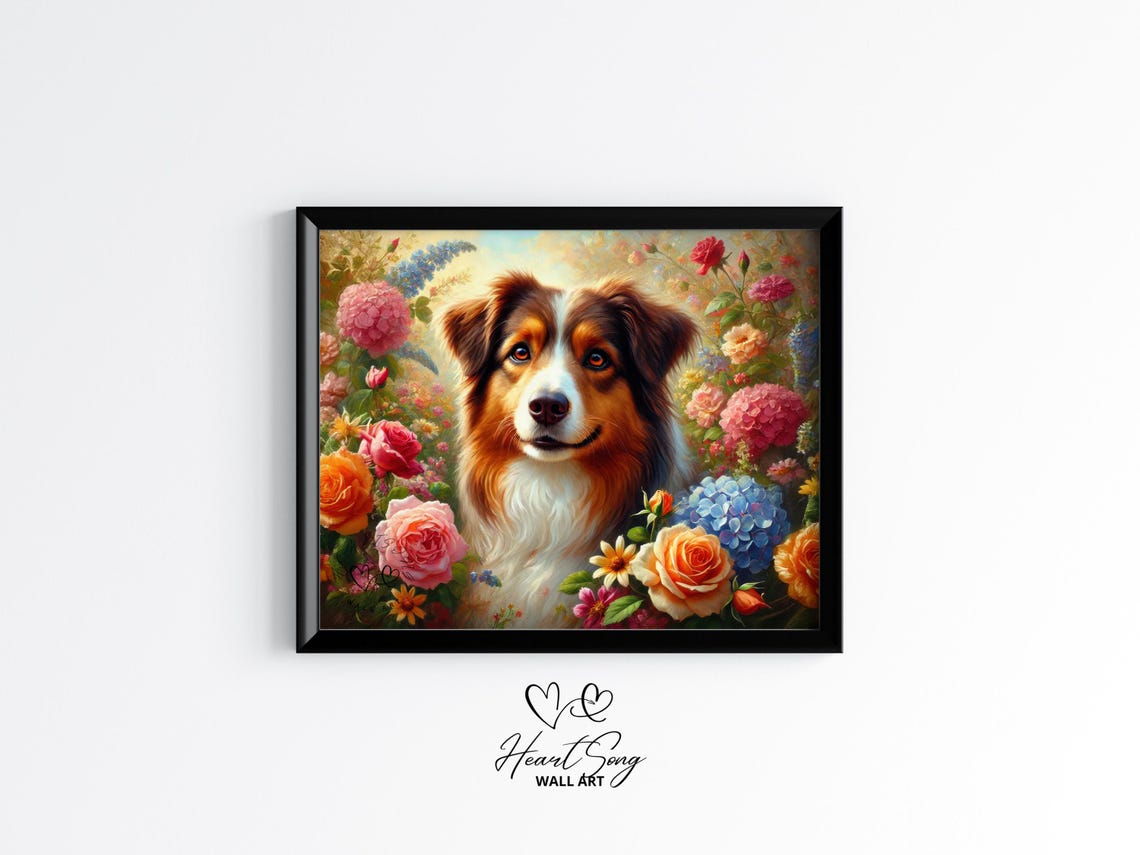 Smiling Australian Shepherd Among Roses Floral Dog Portrait Poster