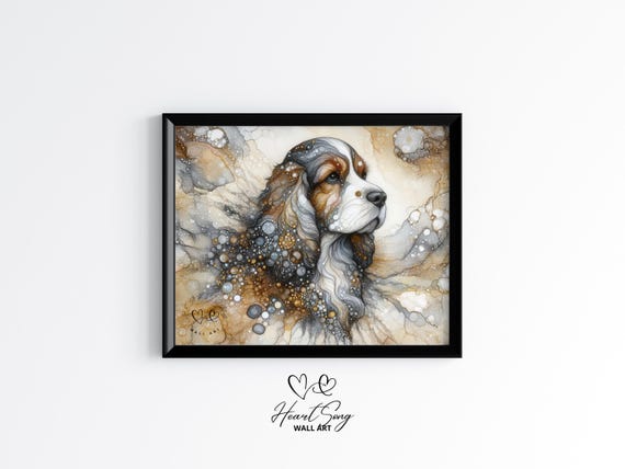 Cocker Spaniel Dog Painting Rustic Abstract Wall Art In Modern Alcohol Ink Finish For Decor Lovers 853
