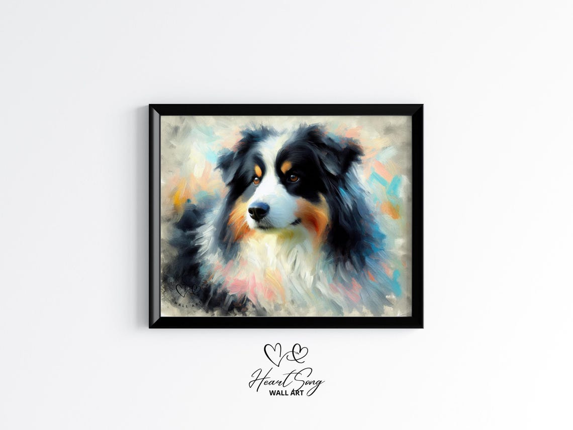 Dreamy Australian Shepherd Watercolor Portrait Poster in Pastel Hues