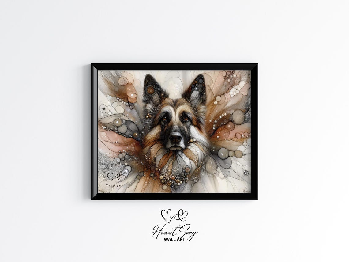 German Shepherd Front Portrait Neutral Alcohol Ink Dog Poster