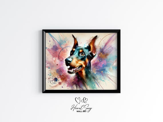 Doberman Pinscher Dog Art Moody Watercolor Pet Portrait Expressive Bold Painting Abstract Wall 43