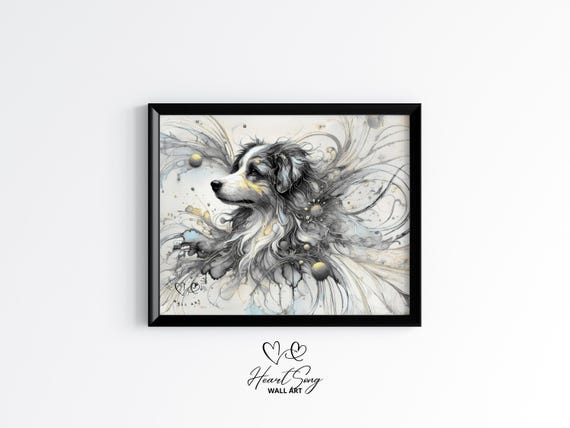 Australian Shepherd Ink Art Moody Black And White Dog Wall Elegant Alcohol Painting Unique Pet Portrait Animal Decor 164