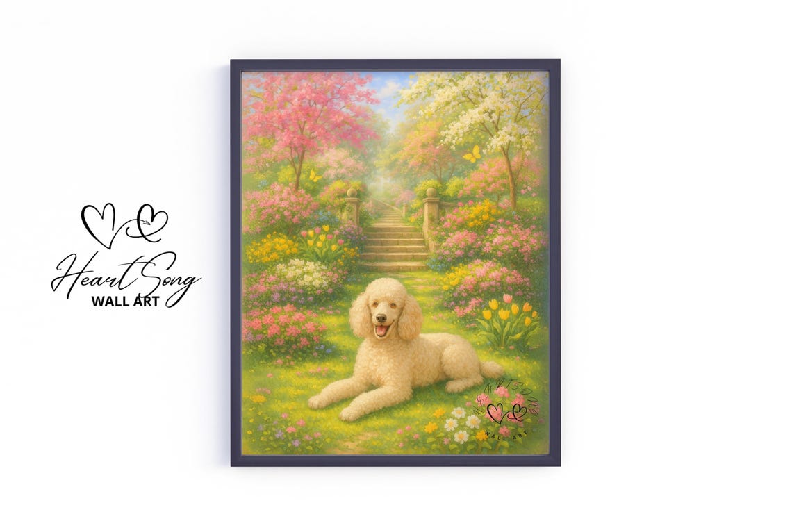 Cream Poodle Resting In Blooming Spring Garden Stairs Poster