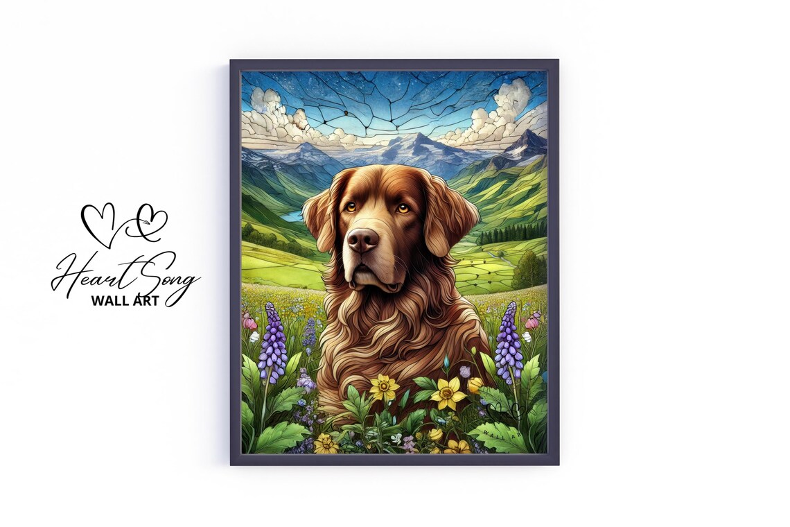 Brown Retriever Dog In Wildflower Meadow Mountain Art Poster