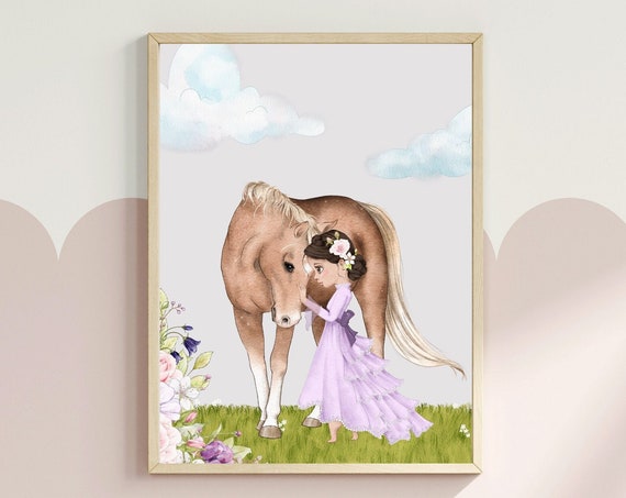 A Girl And Her Horse Nursery Print Princess Room Decor Watercolour Fairytale Art Animal Bond Print Cute Girls Room Wall Art