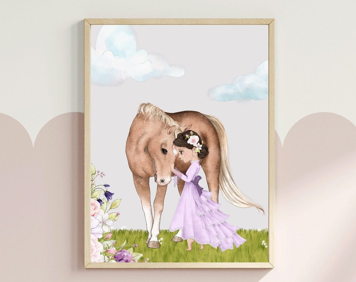 A Girl And Her Horse Nursery Print Princess Room Decor Watercolour Fairytale Art Animal Bond Print Cute Girls Room Wall Art